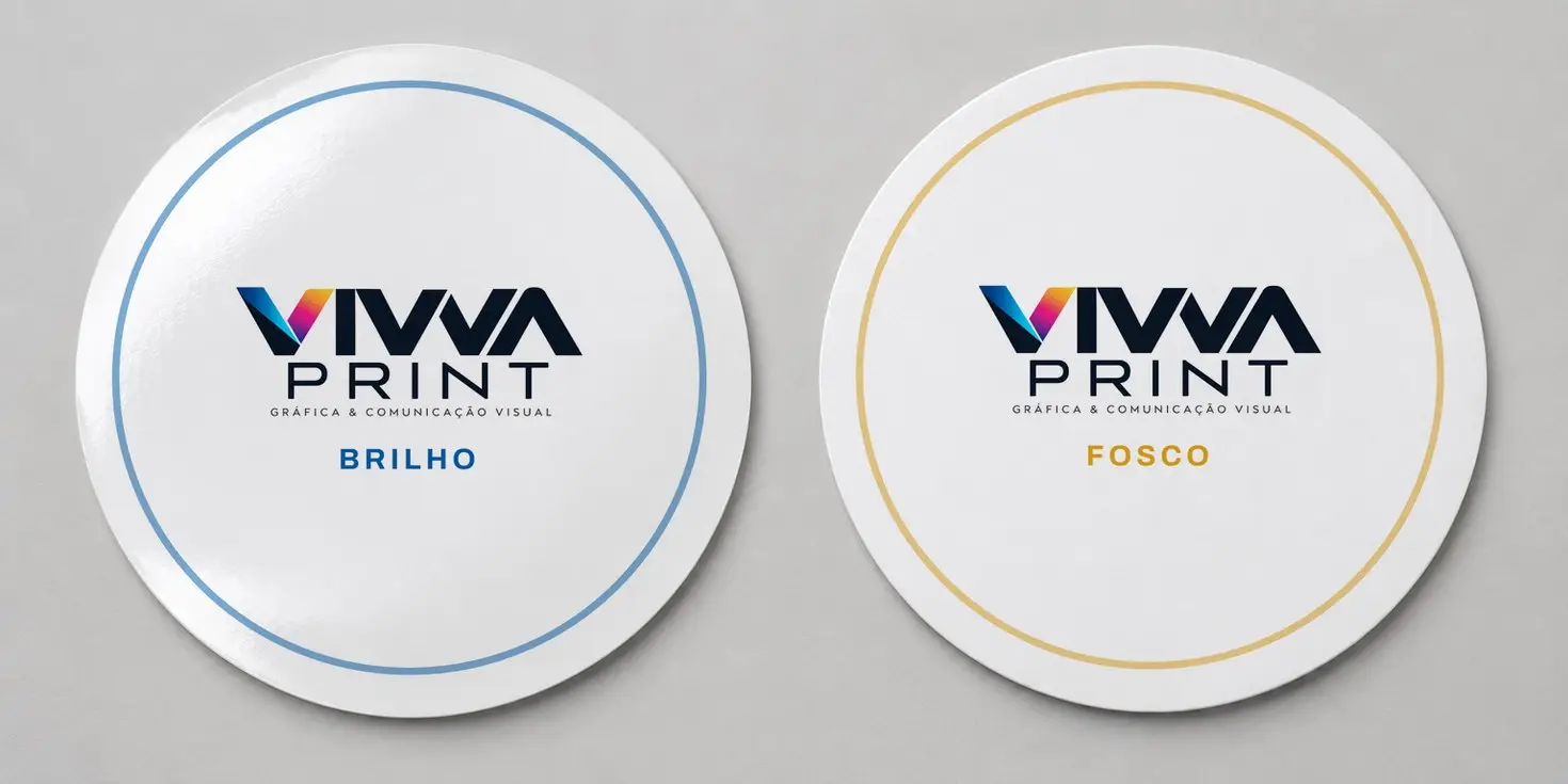 Dois adesivos redondos da Vivva Print lado a lado para comparar o acabamento: o da esquerda em brilho, com reflexo na superfície, e o da direita em fosco, sem reflexo.
